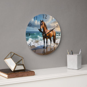 Stunning Brown Horse On The Beach, Large Clock