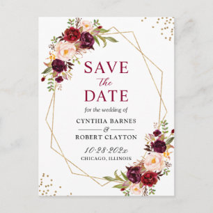 Stunning Burgundy Floral Geometric Save the Date Postcard