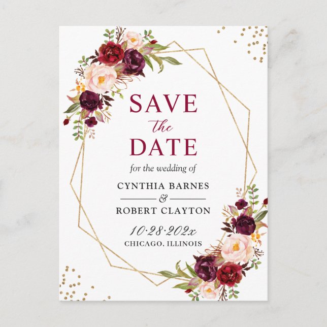 Stunning Burgundy Floral Geometric Save the Date Postcard (Front)