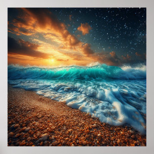 Stunning Coastal Sunset Over Ocean Waves Poster