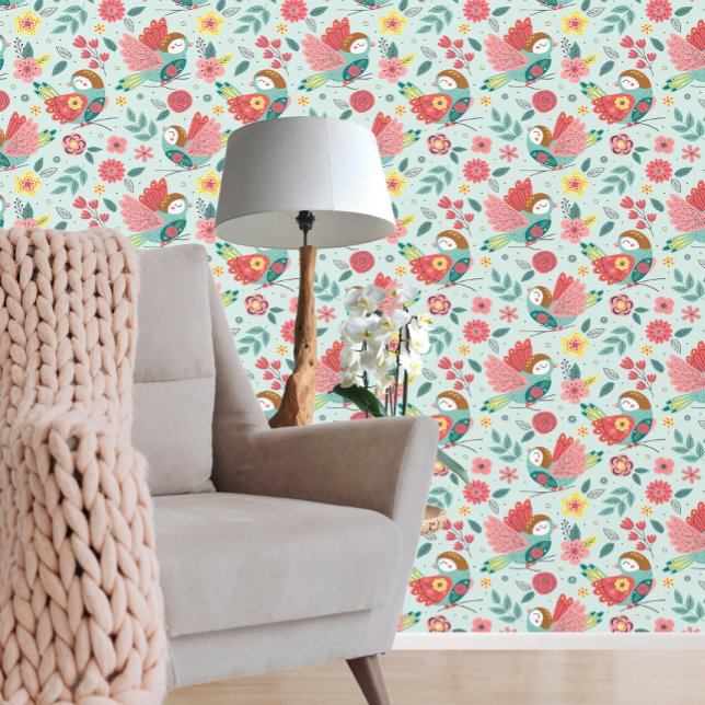 Stunning Colourful Bird Pink Green Pattern Wallpaper (Stunning Colorful Bird Pink Green Pattern Wallpaper from Ricaso. Beautiful bold bird patterned paper)