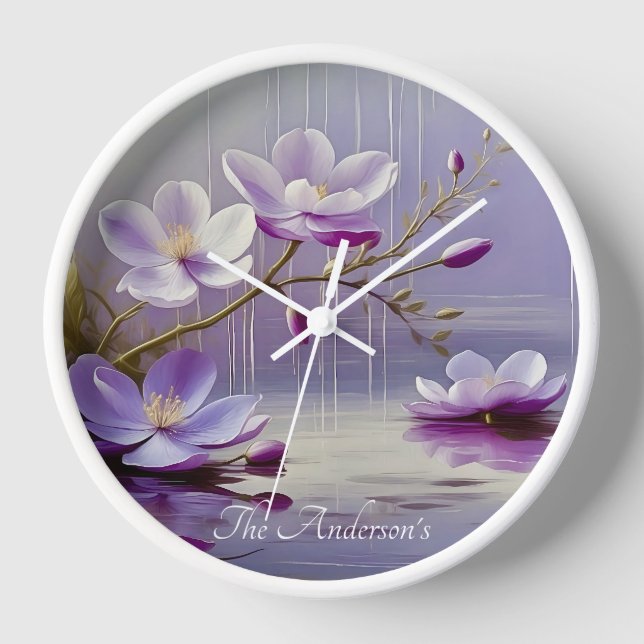 Stunning Colourful Purple Flowers Custom Name Clock (Front)