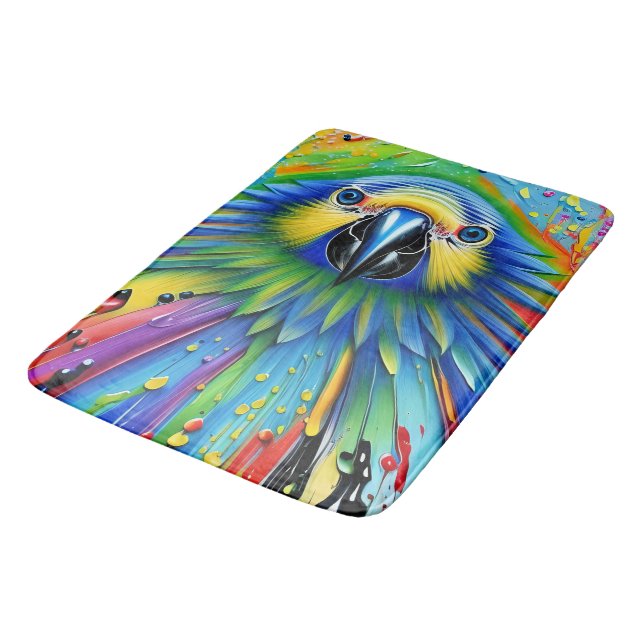 Stunning Colourful Splatter Paint Parrot Bath Mat (Angled)