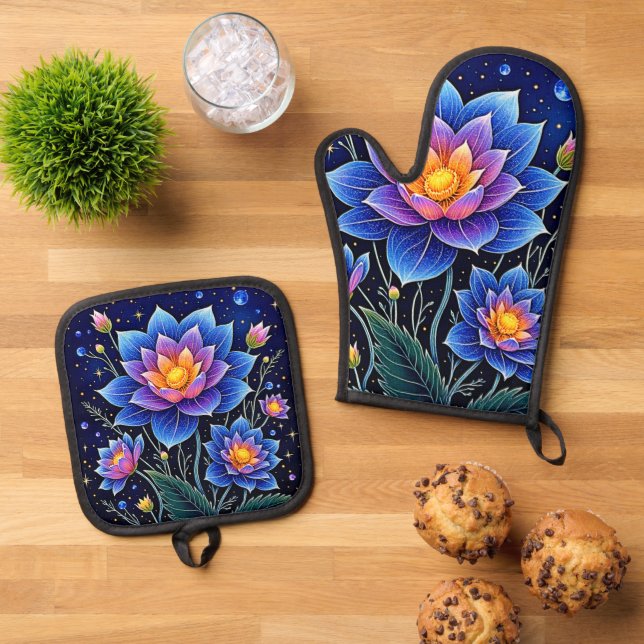 Stunning Cosmic Floral Dreams Design Oven Mitt & Pot Holder Set (Top Down)