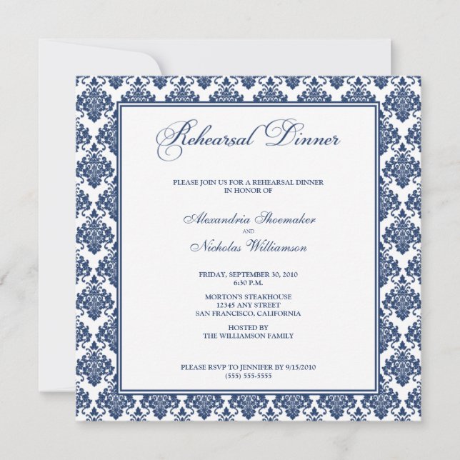 Stunning Damask Rehearsal Dinner Invite (navy) (Front)