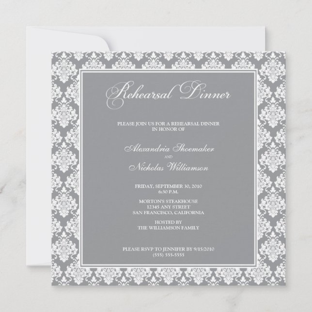 Stunning Damask Rehearsal Dinner Invite (silver) (Front)