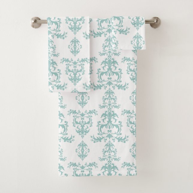 Stunning Duck Egg Blue Damask Bath Towel Set (Insitu)
