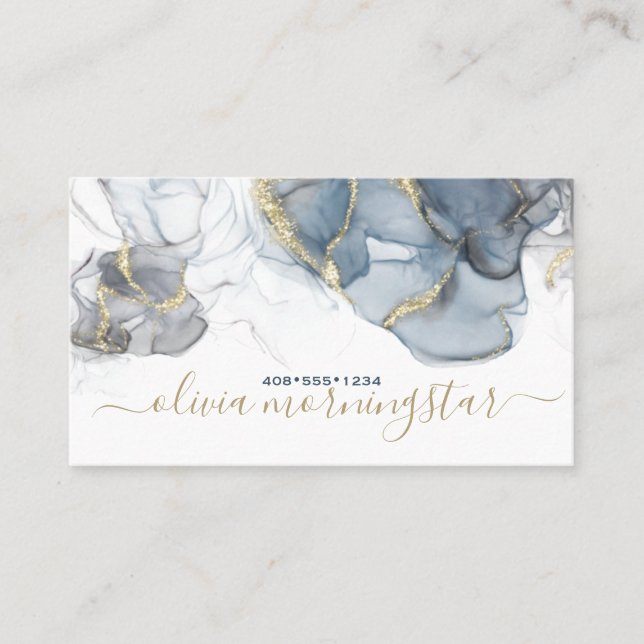 Stunning Dusty Blue Gold Accent Alcohol Ink Business Card (Front)