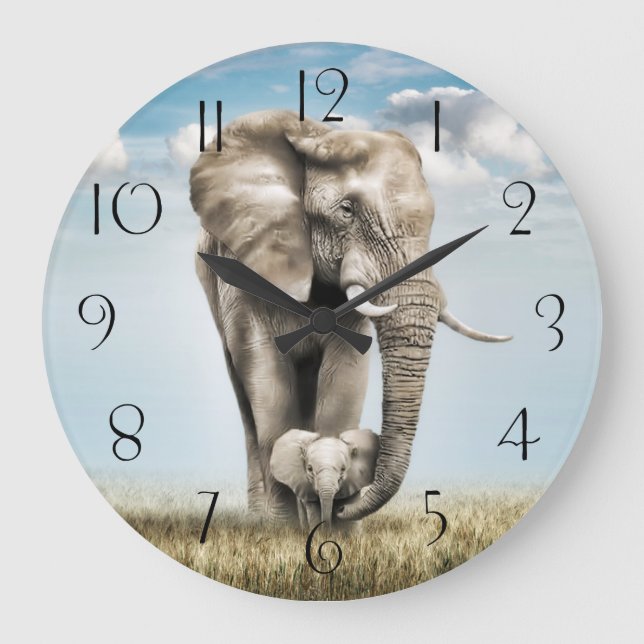 Stunning Elephant Baby Calf Large Clock (Front)