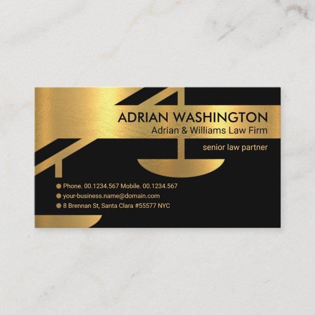 Stunning Faux Gold Scale Of Justice Legal Attorney Business Card (Front)