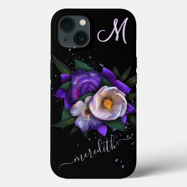 Stunning Floral 3-Colour Monogram Glitter Name Case-Mate iPhone Case (Back)