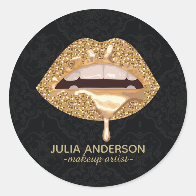 Stunning Floral Damask Gold Lips Makeup Artist Classic Round Sticker (Front)
