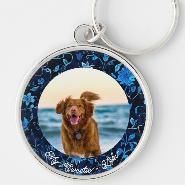Stunning Floral Dog Photo Keepsake Keychain (Front)