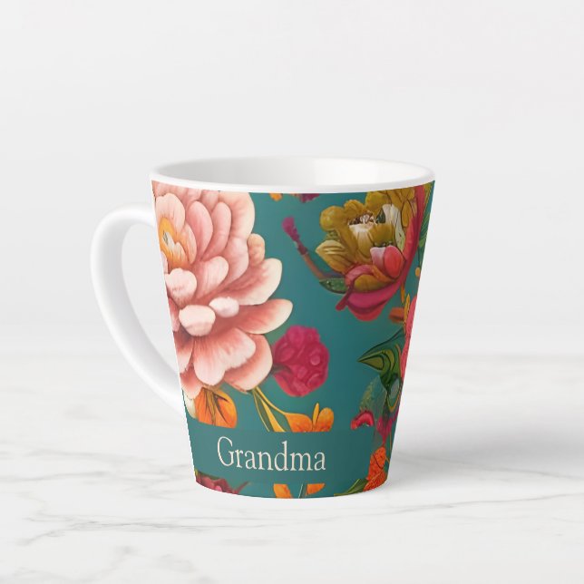 Stunning floral pink green orange and teal latte mug (Left Angle)