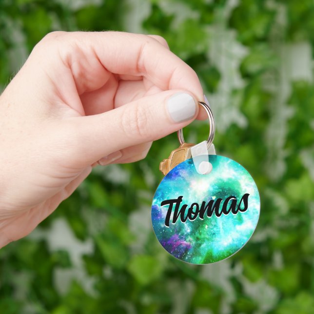 Stunning Galaxy Nebula Green Aqua Blue Custom Name Key Ring (Hand)