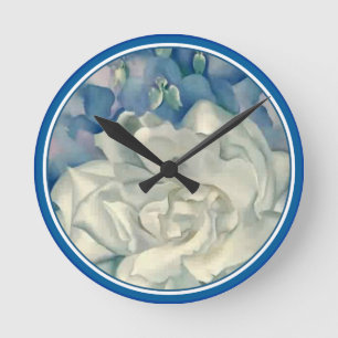 Stunning Georgia O'Keefe White Rose and Larkspur Round Clock