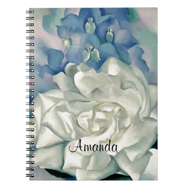 Stunning Georgia O'Keefe White Rose and Larkspur Spiral Notebook (Front)