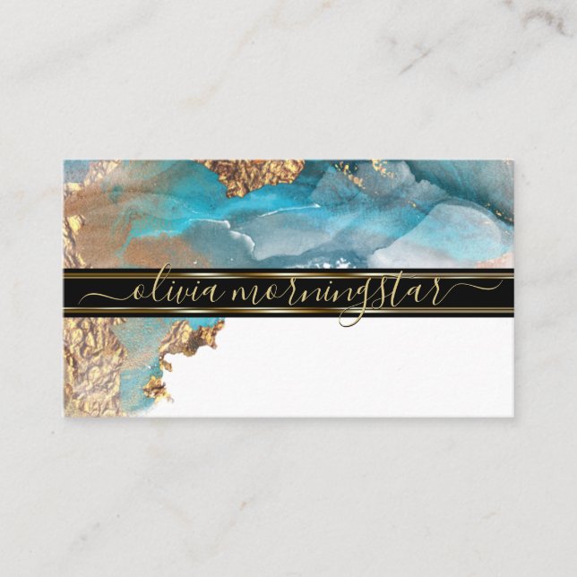 Stunning Gold Aqua Liquid Alcohol Ink Watercolor Business Card (Front)