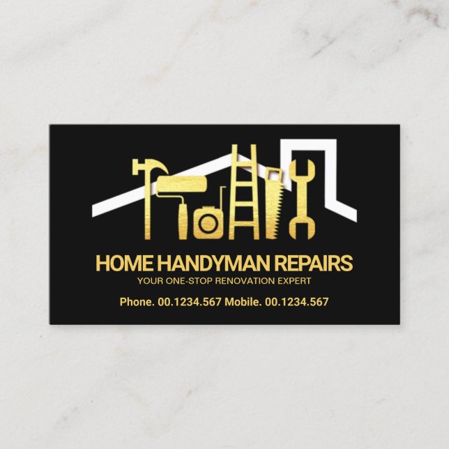Stunning Gold Handyman Tools Rooftop Business Card (Front)