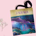 Stunning Gold Purple Teal Monogram Name Tote Bag<br><div class="desc">This beautiful and sophisticated design feature unique multi colour lettering for the Monogram and First Name -- look closely and you will for yourself. That is a part of what makes this almost one-of-a kind -- for yourself or as a special gift. Stunning colourful agate and gold -- with a...</div>