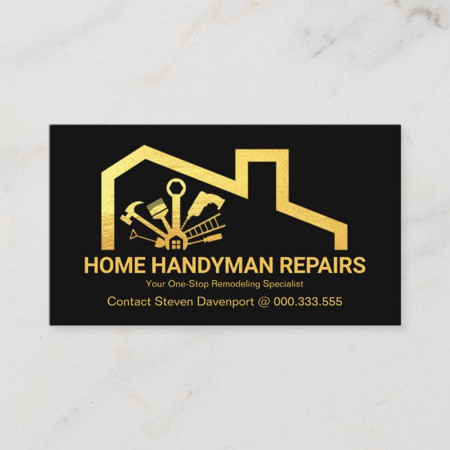 Stunning Gold Rooftop Handyman Tools Business Card (Front)