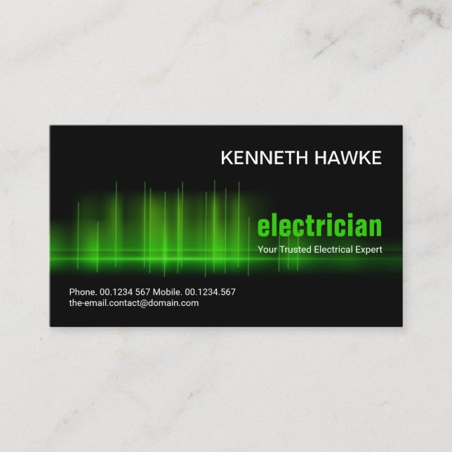 Stunning Green Electrical Wave Pulse Electrician Business Card (Front)