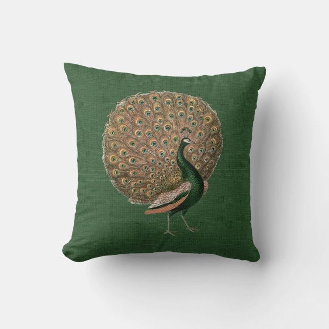 Stunning green & gold vintage art peacock pillow (Front)