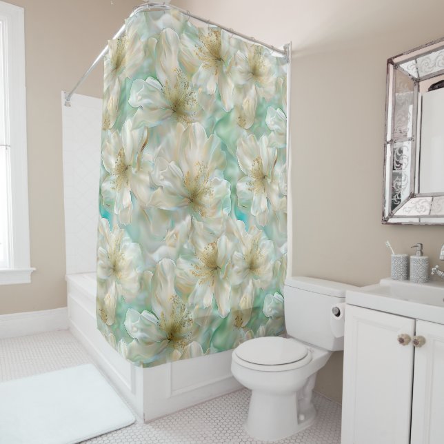 Stunning Green Luxury Pearl Floral Shower Curtain (In Situ)
