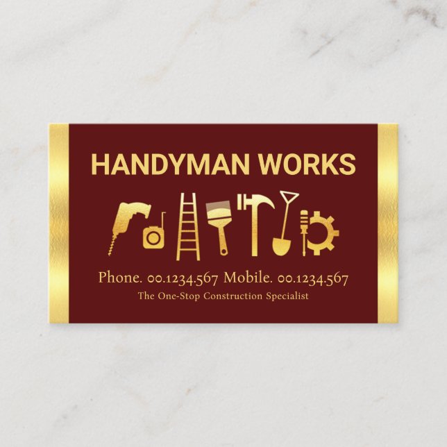 Stunning Handyman Tools With Gold Stripes Business Card (Front)