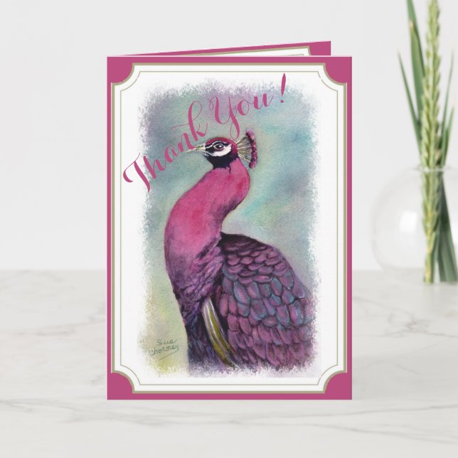 STUNNING HOT PINK PEACOCK THANK YOU CARD (Front)