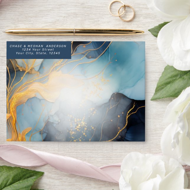 Stunning Indigo Blue and Gold Abstract Envelope (Wedding)