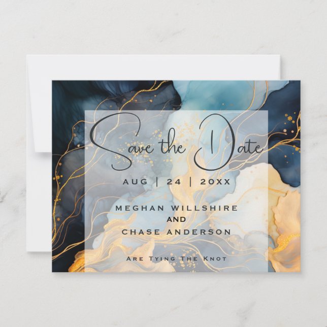 Stunning Indigo Blue and Gold Abstract Invitation (Front)