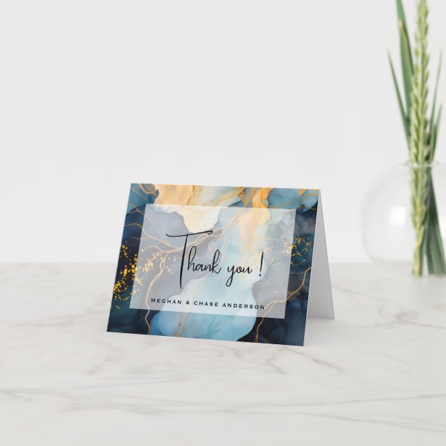 Stunning Indigo Blue and Gold Abstract Thank You Card (Front)