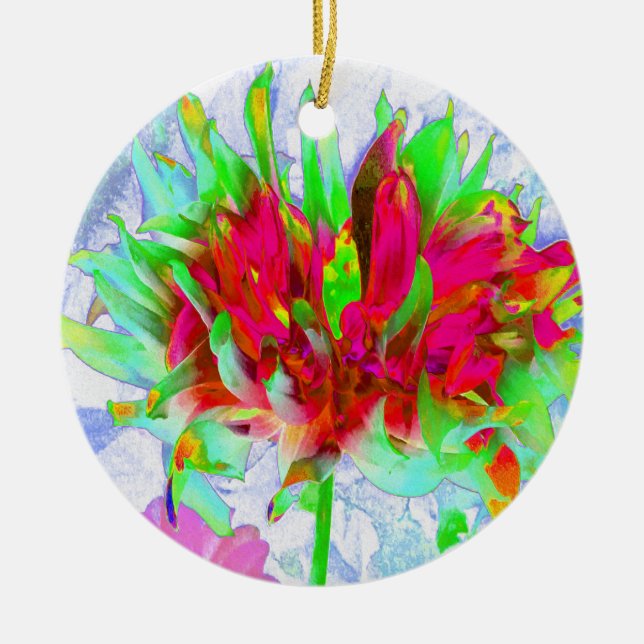 Stunning Lime Green and Red Cactus Dahlia Ceramic Tree Decoration (Front)