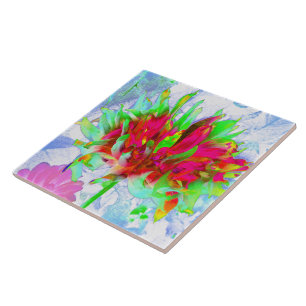 Stunning Lime Green and Red Cactus Dahlia Tile
