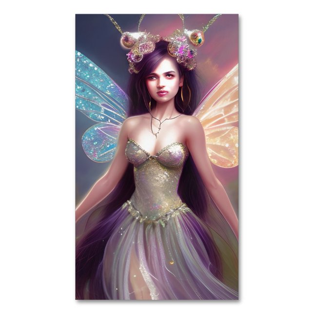 Stunning Magical Chibi Fairy Girl with Long Hair E Magnetic Business Card (Front Vertical)
