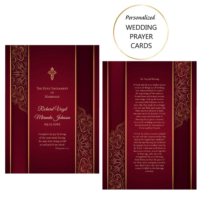 Stunning Maroon Gold Catholic Wedding Prayer Card (Creator Uploaded)
