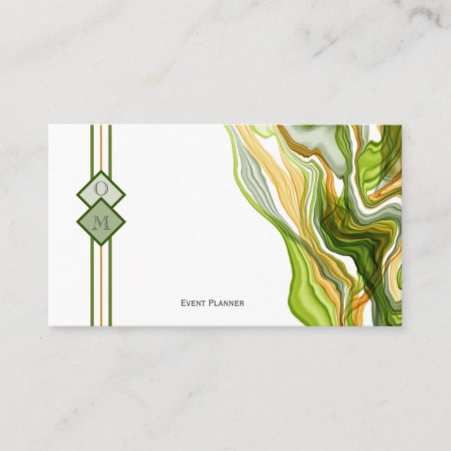 Stunning Modern Green Gold Monogram Marbleised Ink Business Card (Front)