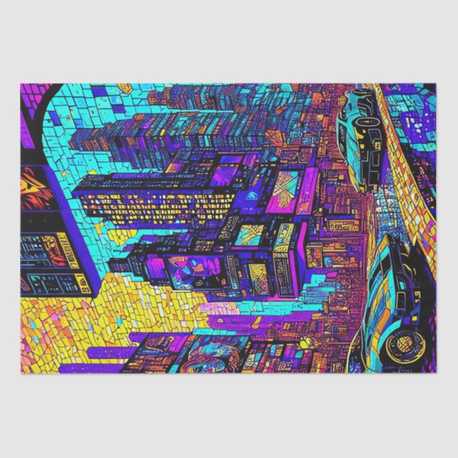 Stunning Mosaic Stained Glass Neon Cyberpunk City Tissue Paper (Front)