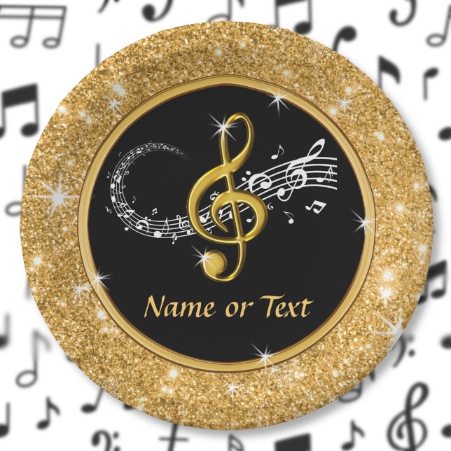 Stunning Music Note Paper Plates, Black and Gold Plate (Music themed paper plates. Music note plates. Musical party supplies. Music graduation party. Gold.)
