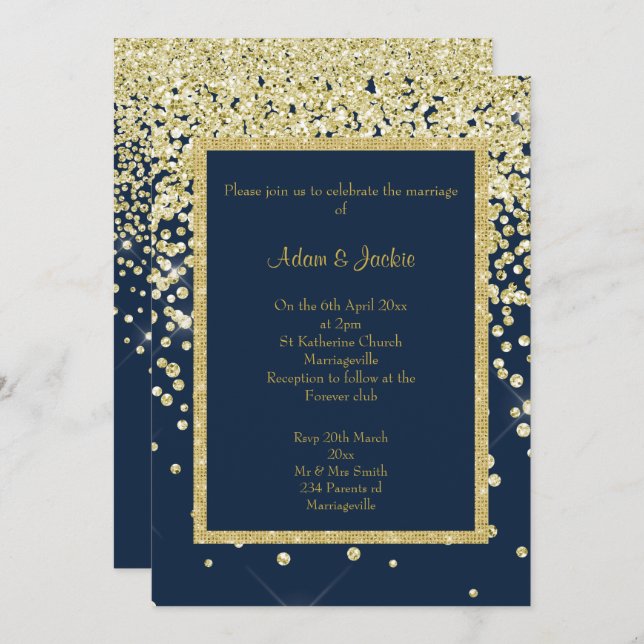 STUNNING NAVY GOLD SPARKLE WEDDING CUSTOM INVITATION (Front/Back)