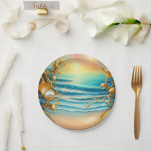 Stunning Ocean with Diamonds and Pearls Paper Plate