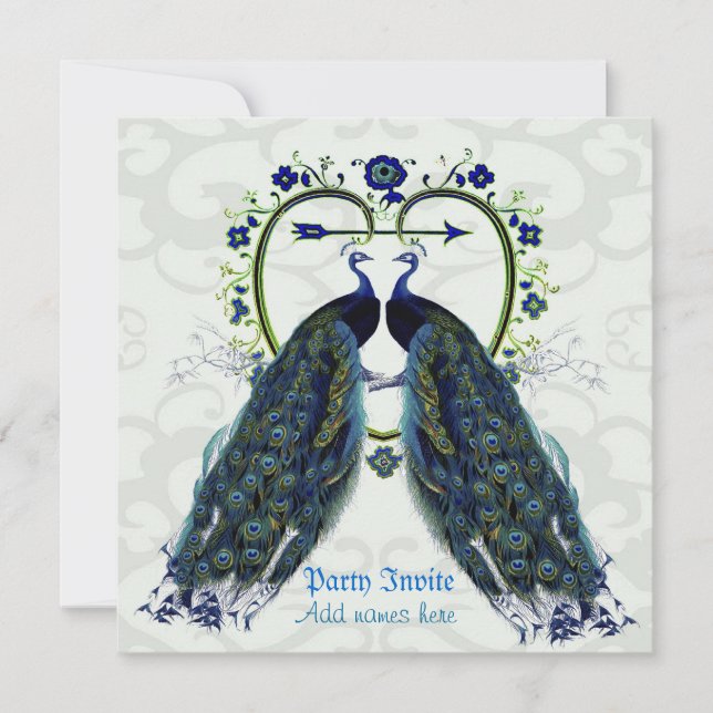 Stunning Pair of Peacocks love heart frame ornate Invitation (Front)
