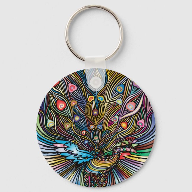 Stunning Peacock in Huichol Style Art Key Ring (Front)