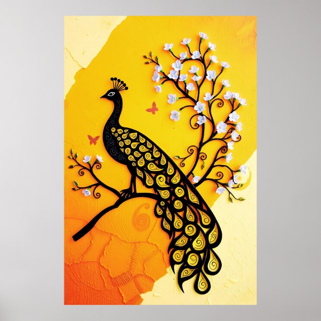 Stunning Peacock Silhouette with Floral Accents Poster (Front)