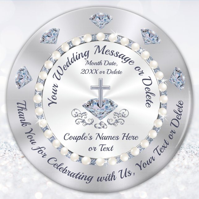 Stunning Personalised, Christian Wedding Favours Magnet (Christian wedding favors for Guests. Diamond Theme Christian Wedding Ideas. Silver and White. Cross )