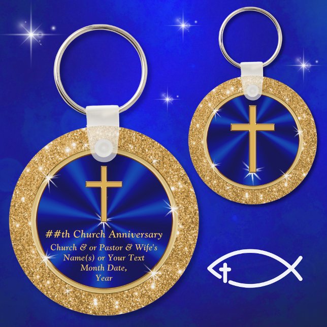 Stunning, Personalised Church Favours, Blue Gold Key Ring (Church anniversary party ideas. Pastor anniversary gifts for church members. Cheap church gifts. )