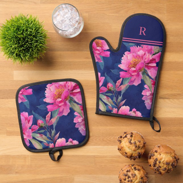 Stunning Pink Floral Bloom Monogrammed Oven Mitt & Pot Holder Set (Top Down)