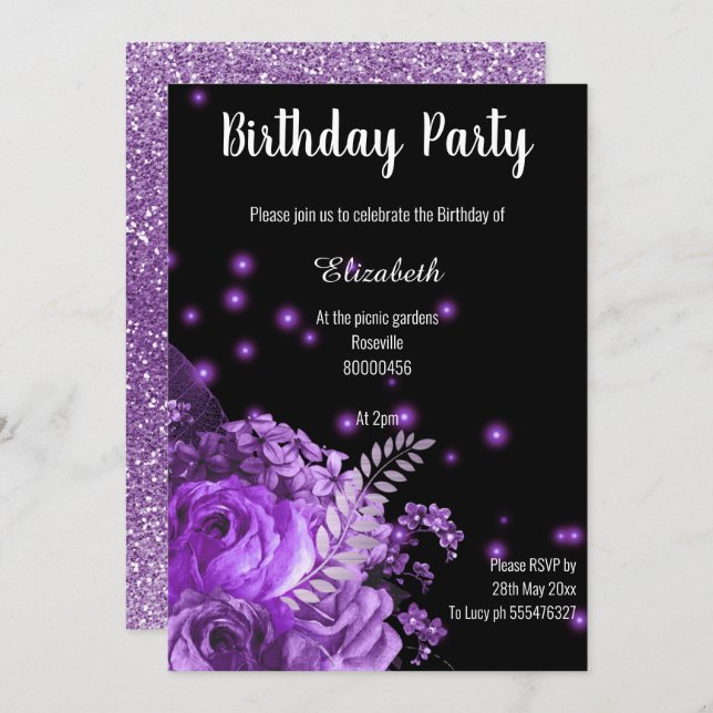 STUNNING PURPLE BLACK FLORAL GARDEN BIRTHDAY INVITATION (Front/Back)