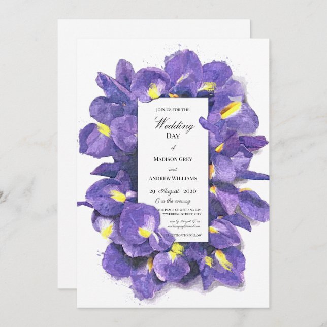 Stunning Purple Irises Watercolor Floral Wedding Invitation (Front/Back)
